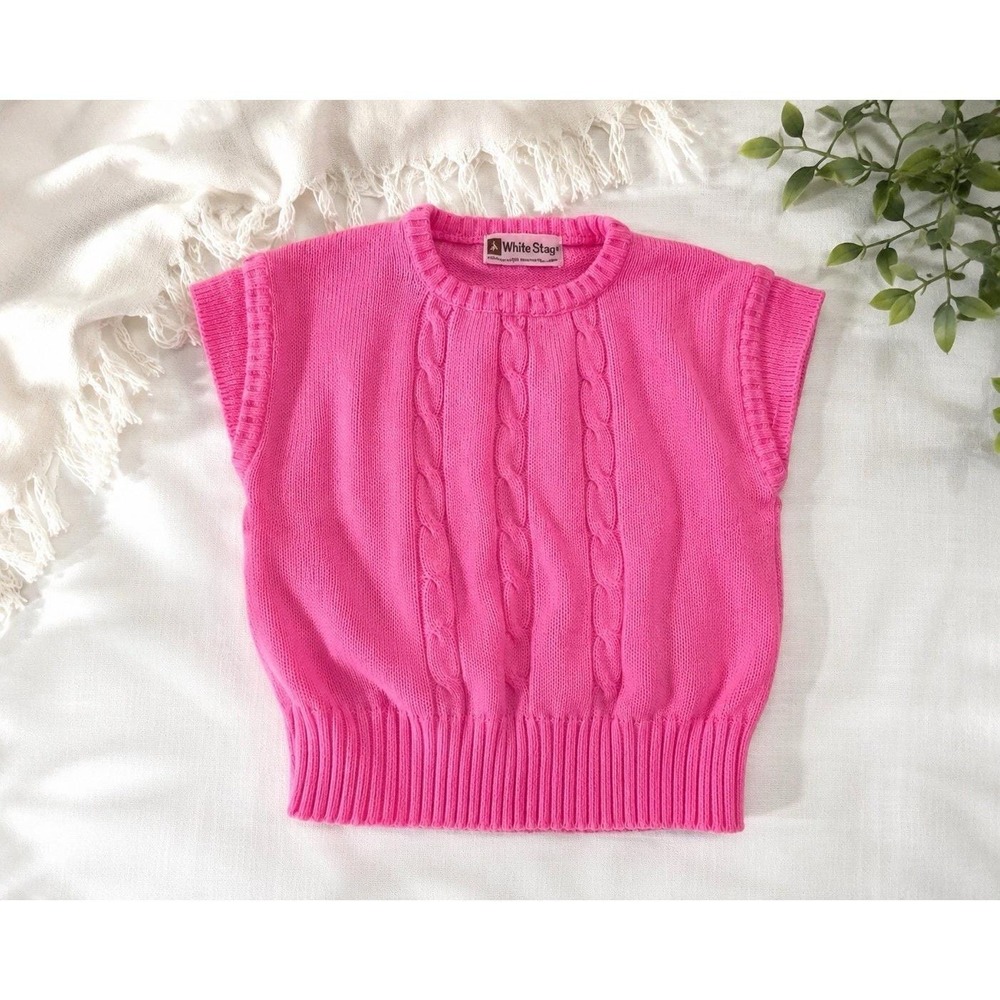 VTG 80s White Stag Pink Cable Knit Sweater Vest Girls Size 6X Preppy Taiwan SEE
